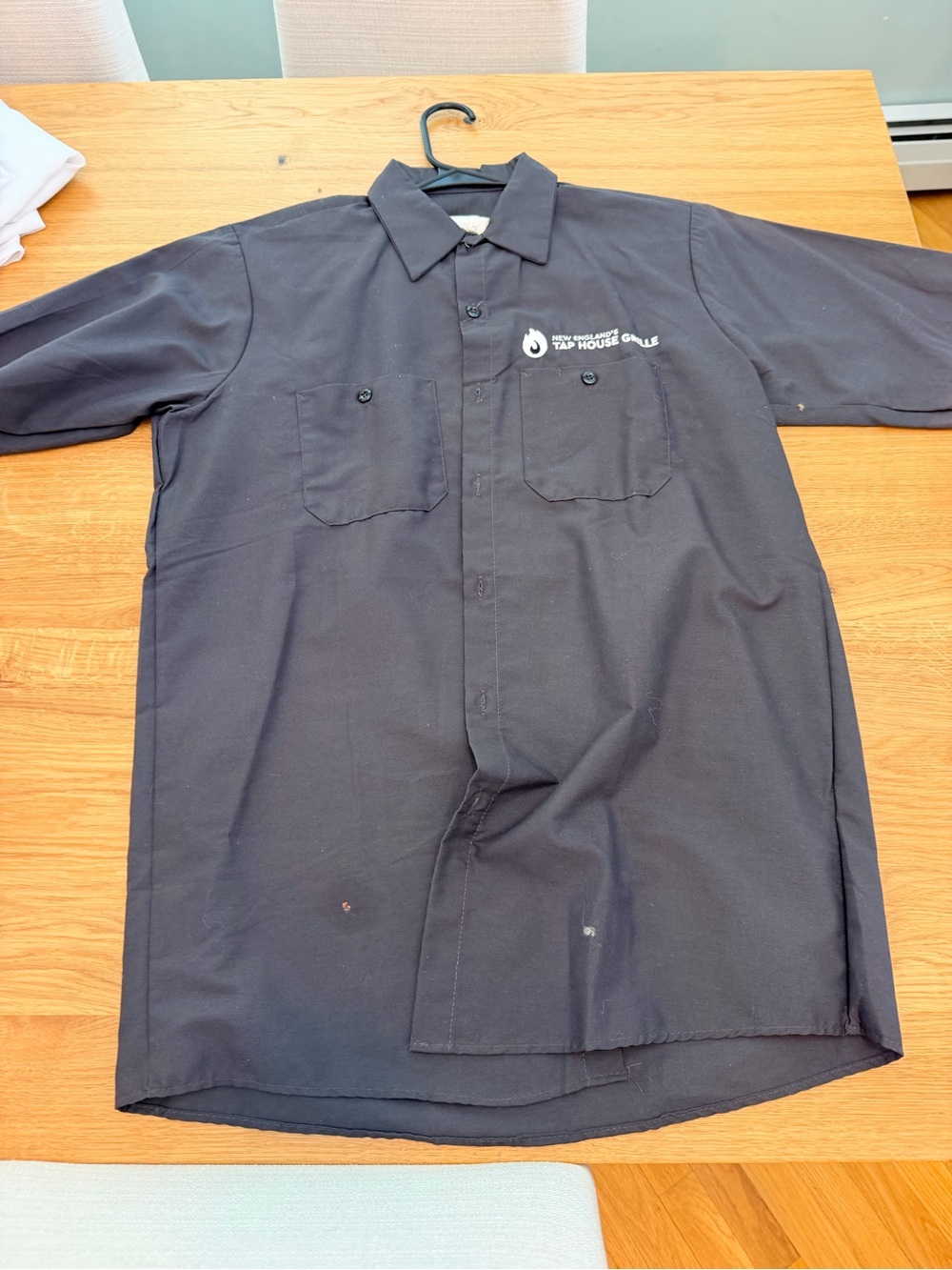 Grey button up shirt with embroidered logo